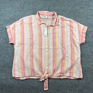 BeachLunchLounge Shirt Women's  XL Pink Striped Linen Blend Tie Front Button Up